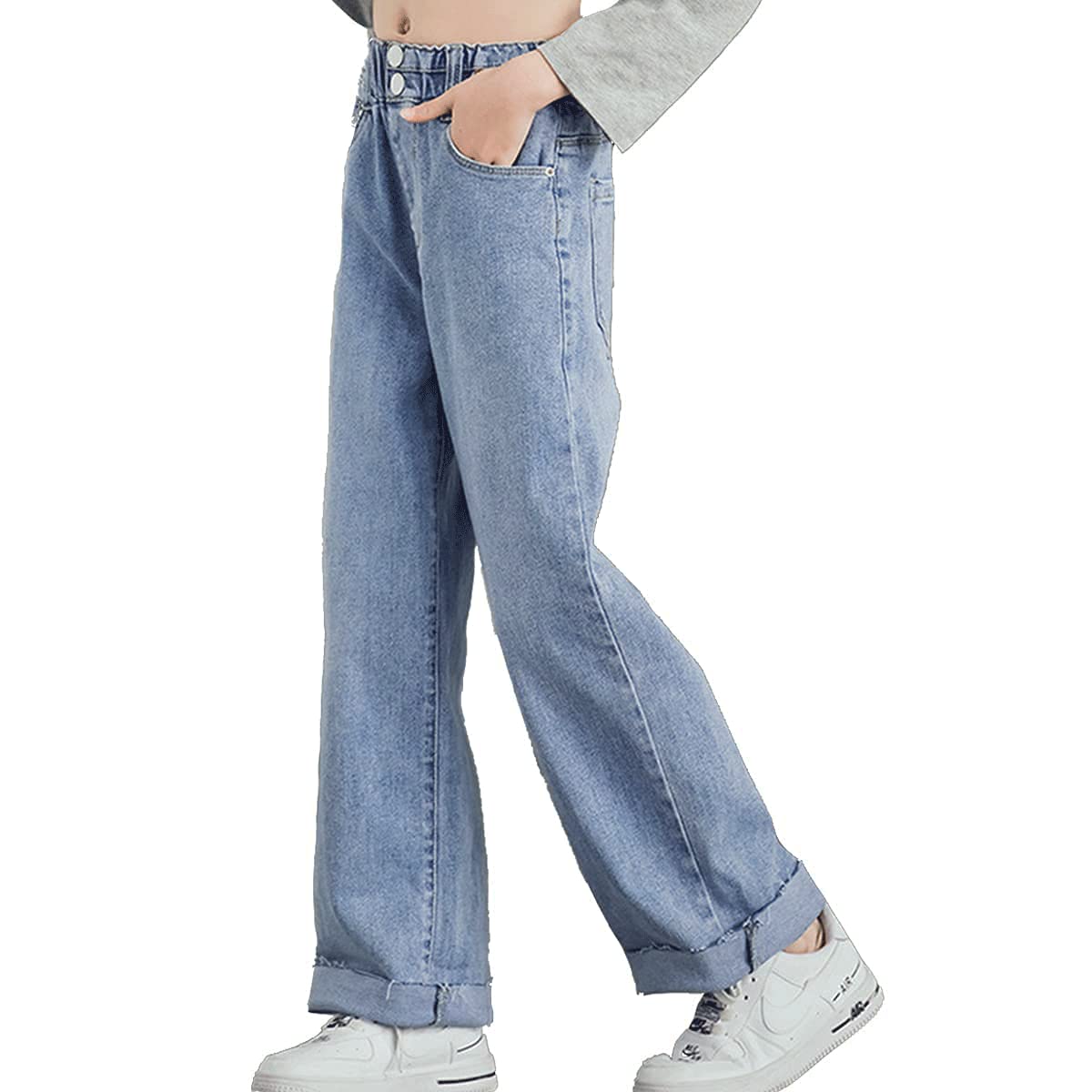 Jeans strappati per bambine e ragazze, con elastico in vita, pantaloni larghi, taglia 5-14 anni