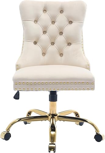 Miniatura 1 de Silla de escritorio de terciopelo beige para oficina en casa con ruedas y base dorada, bonita silla de maquillaje con respaldo copetudo para mujeres