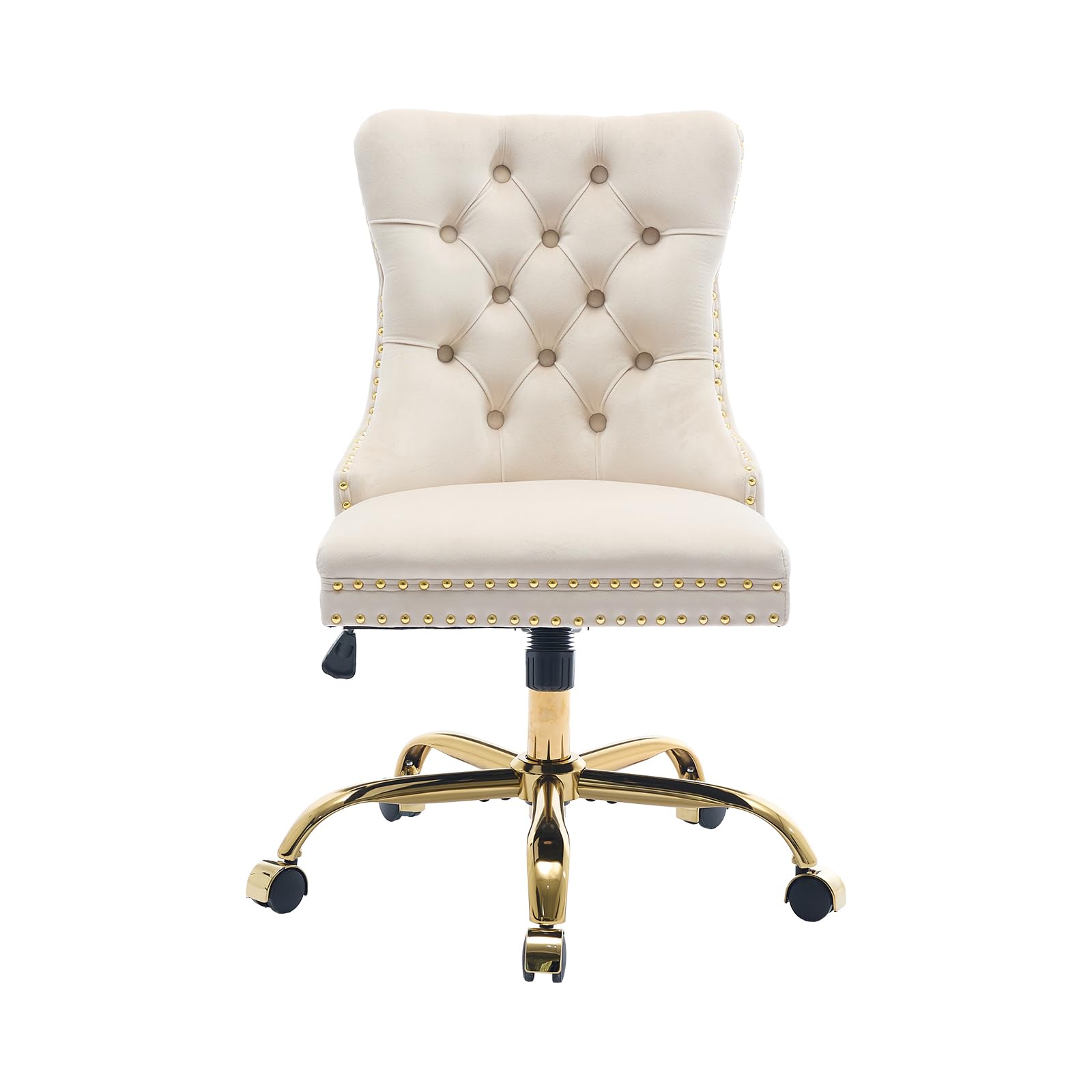 Beige Velvet Home Office Desk Chair with Wheels & Gold Base, Cute Makeup Vanity Chair with Tufted Back for Women Girls, Upholstered Adjustable Swivel