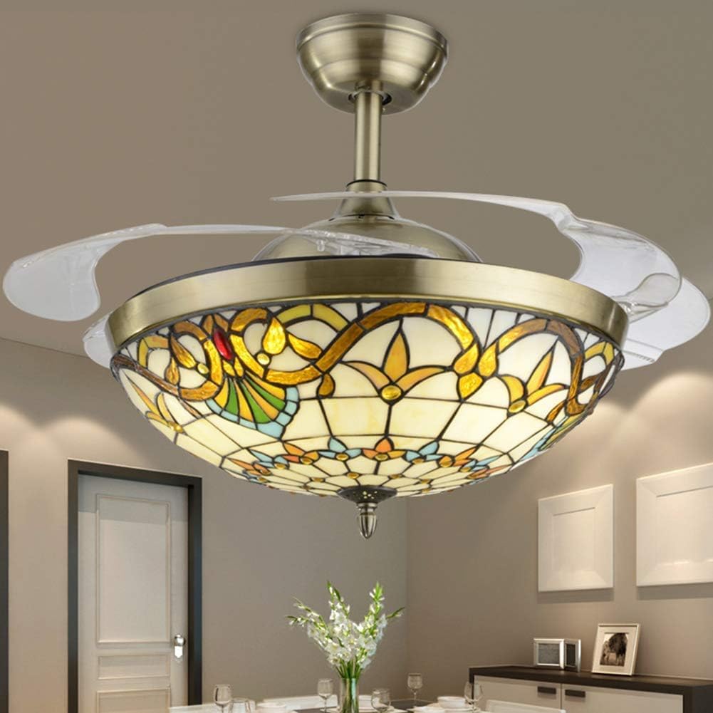 HXYSXHJUO Ceiling Fan with Light, Metal Chandelier 42in LED Remote Control Light Retractable Blade Dimmable Lighting Fan(Color:Transparent Blades)