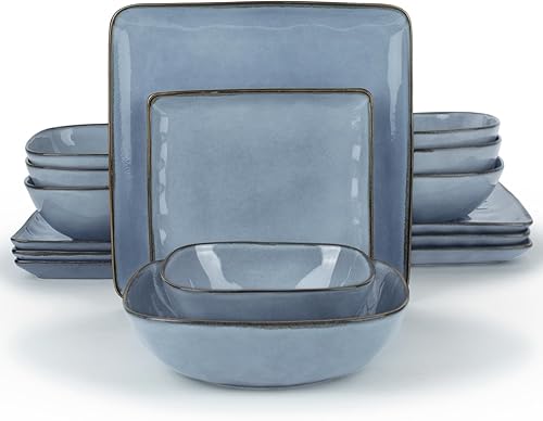 Famiware Juego de platos y cuencos cuadrados oceánicos para cocina, juegos de vajilla de 16 piezas para 4, esmalte reactivo, azul