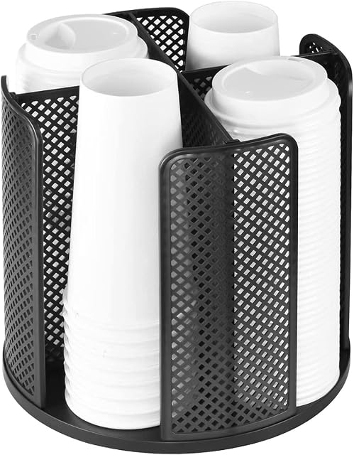 Pcapzz Cup Dispenser 360° Rotatable 4 Compartment Cups and Lids Holder Detachable Desktop Coffee Cup Dispenser Multifunctional Cup Organizer Cosmetic Rack for Bathroom Bar Coffee Station(black)