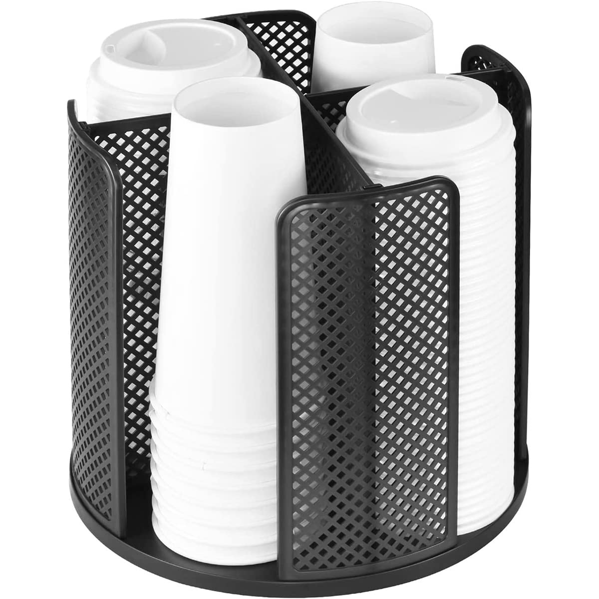 Pcapzz White Cup Dispenser 360° Rotatable 4 Compartment Cups And Lids Holder Detachable Desktop Coffee Cup Dispenser Multifunctional Cup Organizer Cosmetic Rack For Bathroom Bar Coffee Station(Black)