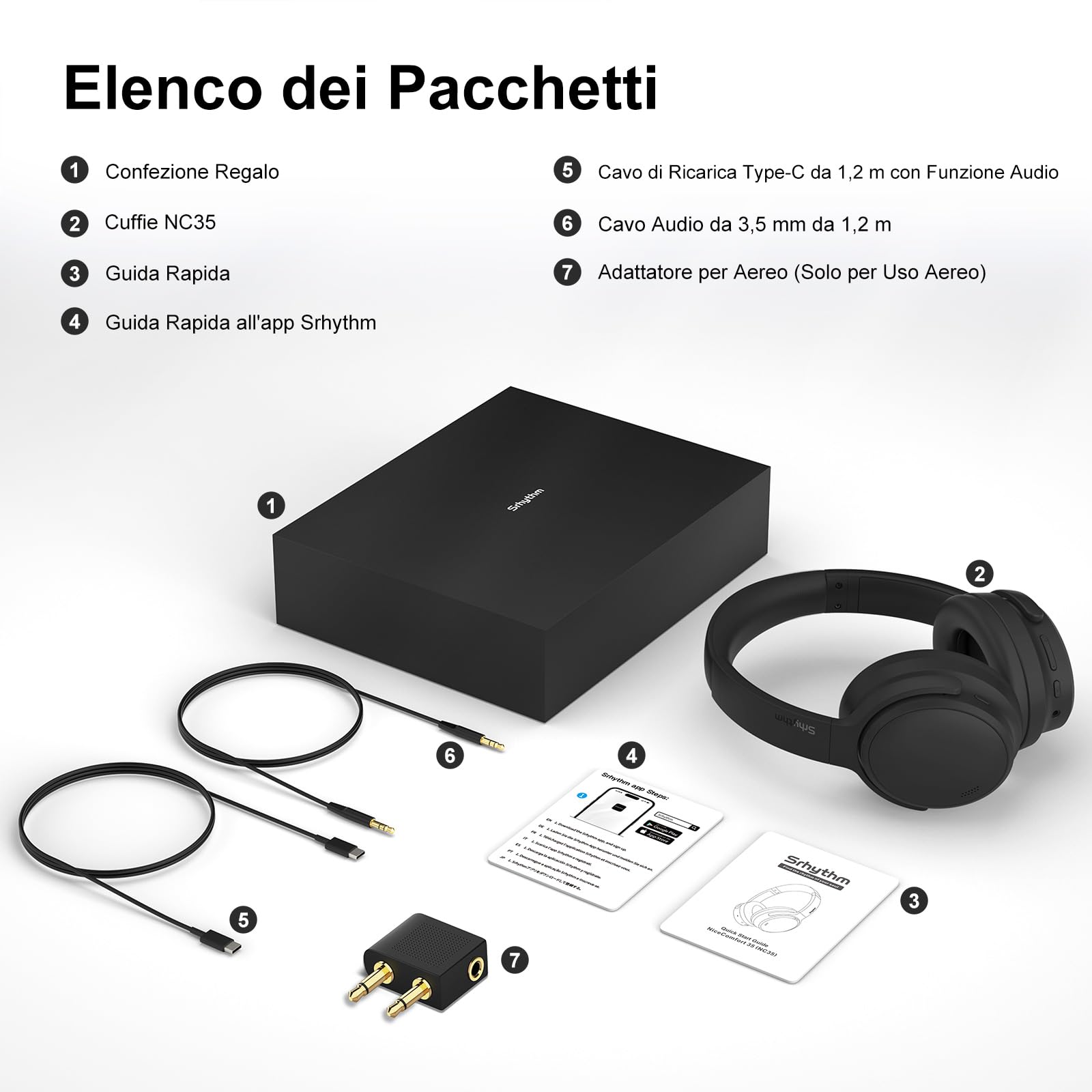Srhythm NiceComfort 35 (2a generazione) Cuffie ibride con cancellazione del rumore, Bluetooth 6.0 wireless, 5 microfoni con ENC, trasparenza, audio spaziale, 140 ore di riproduzione, bassa latenza, EQ