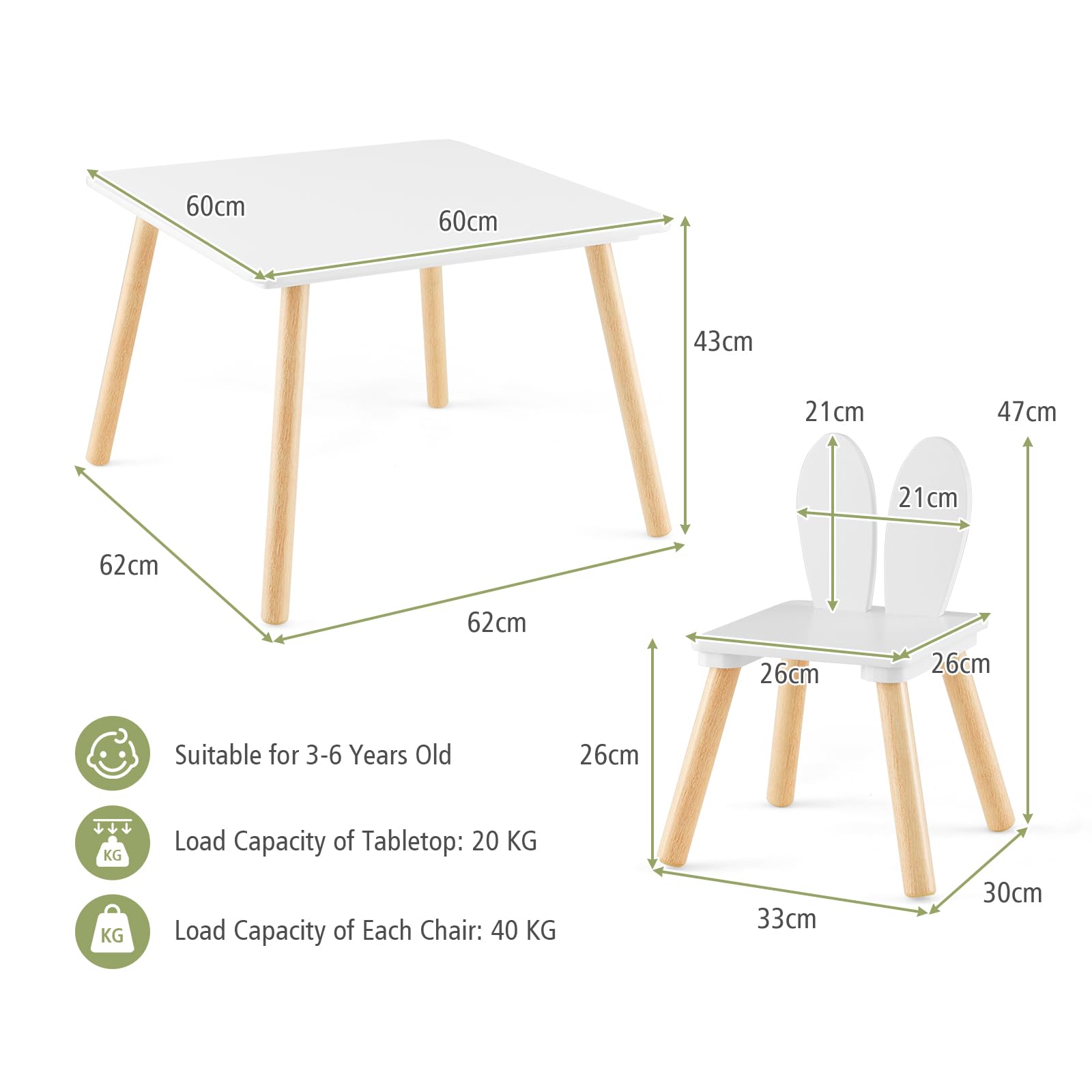 LIFEZEAL Tavolino Bambini, Tavolino e Sedie per Bambini 3-6 Anni, Tavolo Bambini con 2 Sedie con Schienale a Forma di Coniglio, Set Tavolo e Sedie in Legno, Set per Cameretta, Carico 20/40 kg (bianco)