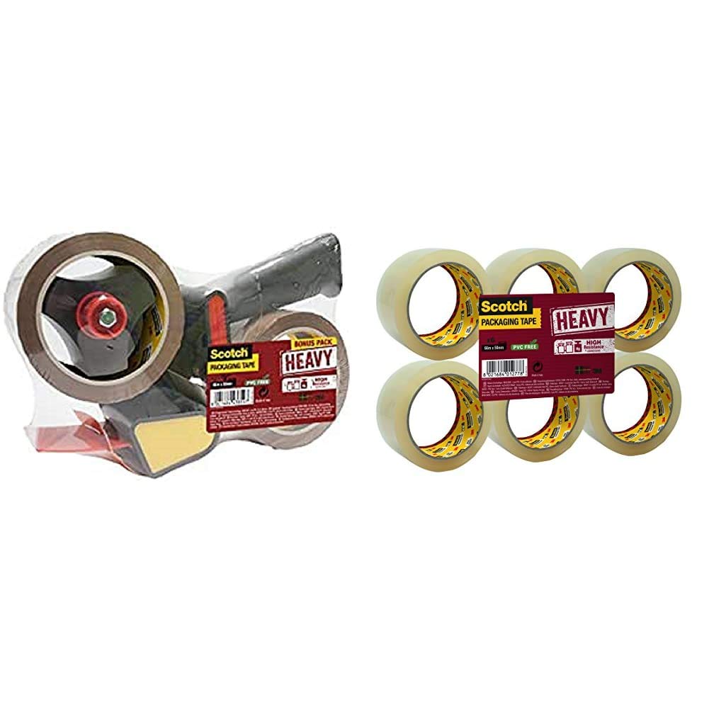 Scotch HV5066DB Handabroller HEAVY, 50 mm x 66 m, inklusiv 2 Rollen Klebeband, braun + HV5066FT Verpackungsklebeband HEAVY, 6 Rollen, 50 mm x 66 m, transparent