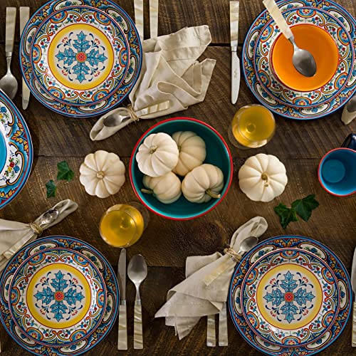 Euro Ceramica Zanzibar Collection Vibrant 10.9" Ceramic Dinner Plates, Set Of 4, Spanish Floral Design, Multicolor #TOP5