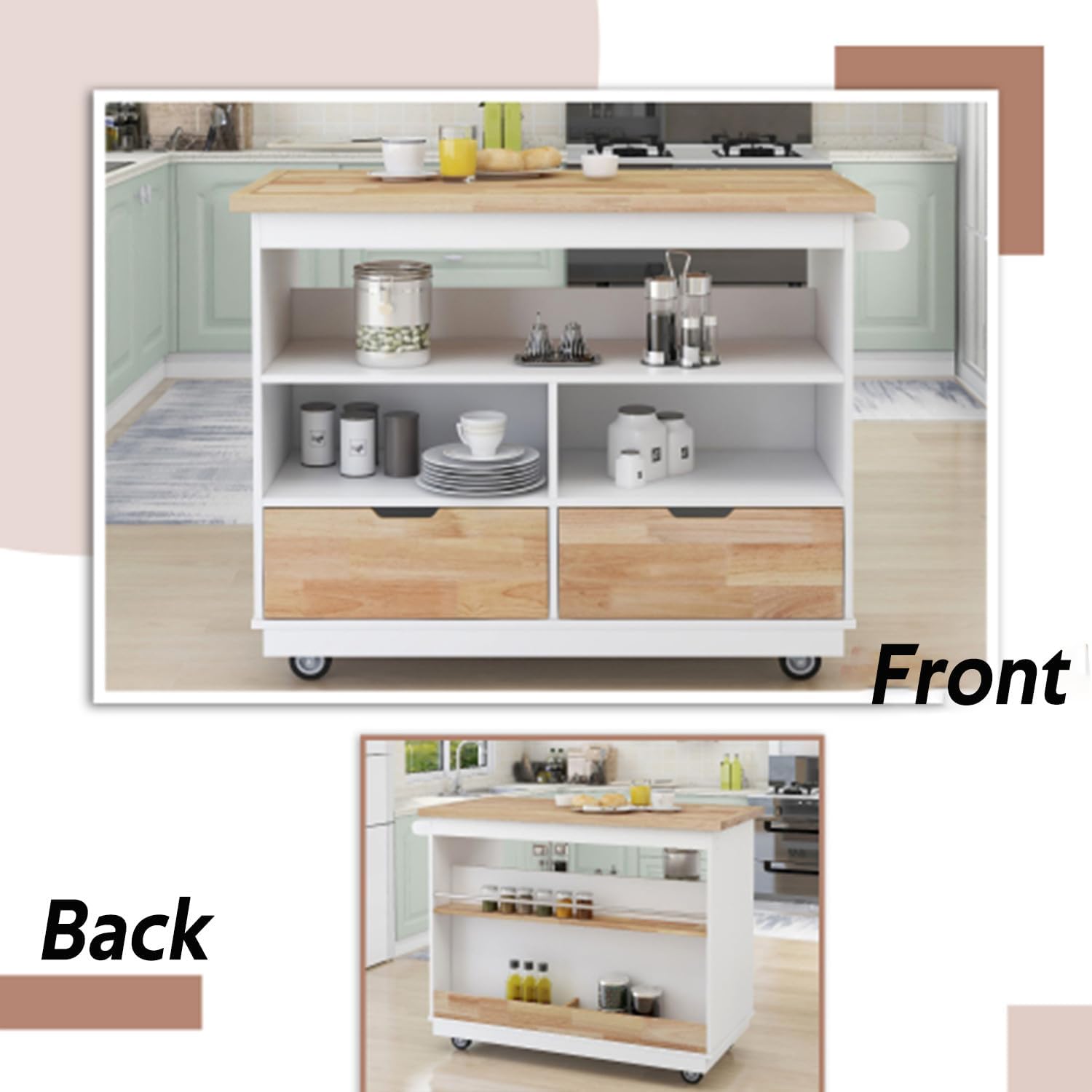 (5-8 Days delivery) Rolling Kitchen Island with Storage Two-Sided Kitchen Cart on Wheels RubberWood Top Wine and Spice Rack Large Kitchen Cart with 2 Drawers 3 Open Compartments (White)