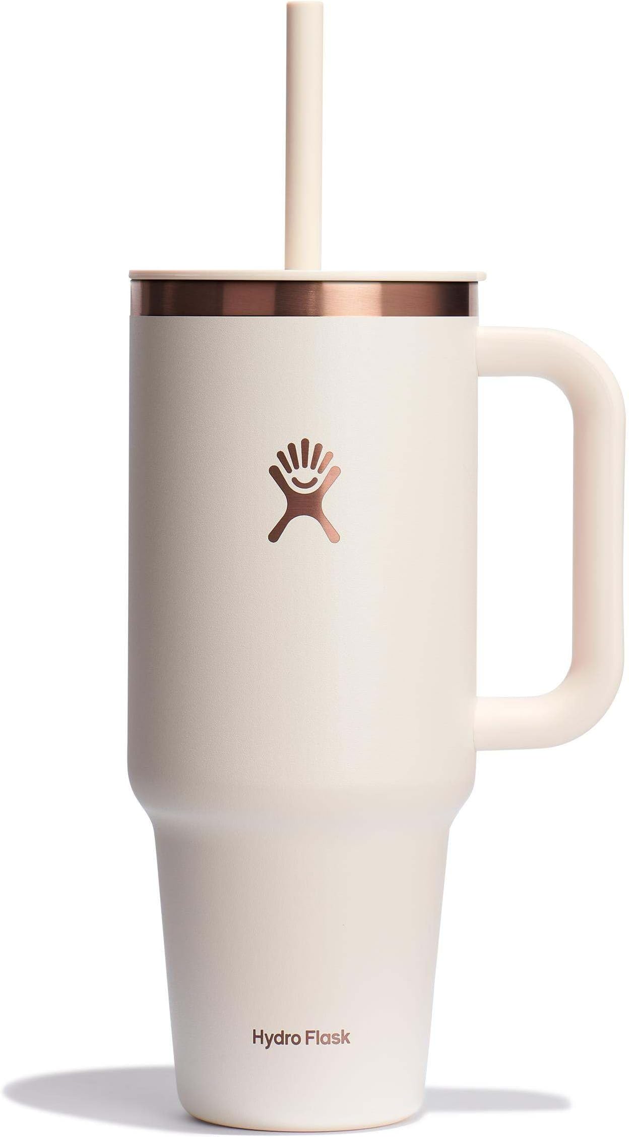 Hydro Flask Travel Tumbler with Handle, Lid and Straw - Insulated Stainless Steel in 40 Oz Ivory Rose Gold