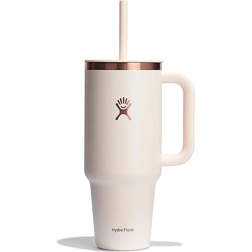 Hydro Flask Travel Tumbler with Handle, Lid and Straw - Insulated Stainless Steel in 40 Oz Ivory Rose Gold