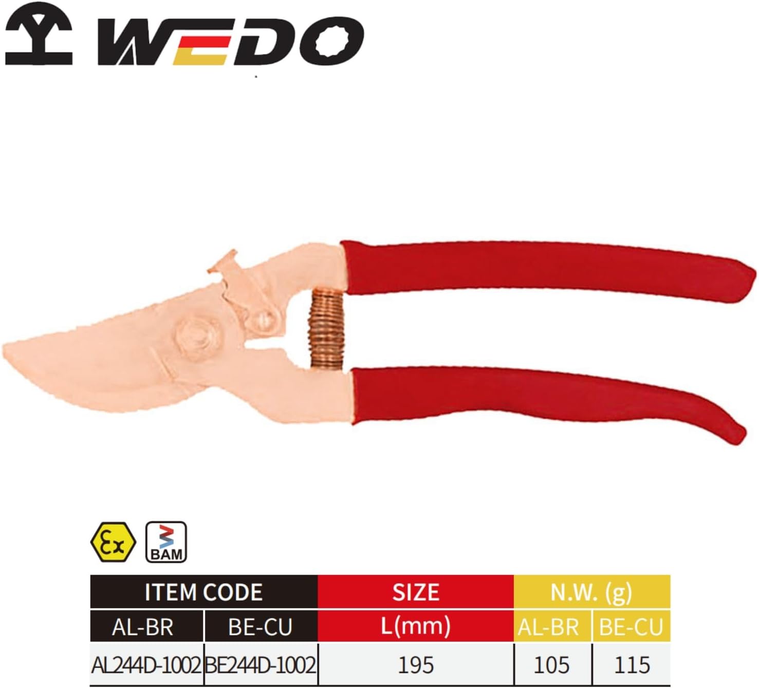 WEDO Non-Sparking Tin Snips 8 Inch Heavy Duty Metal Cutter，Non-Magnetic Beryllium Copper Scissors,Corrosion-resistance，Ergonomic and Comfort Handles，BAM & FM Certificate，Length 195mm