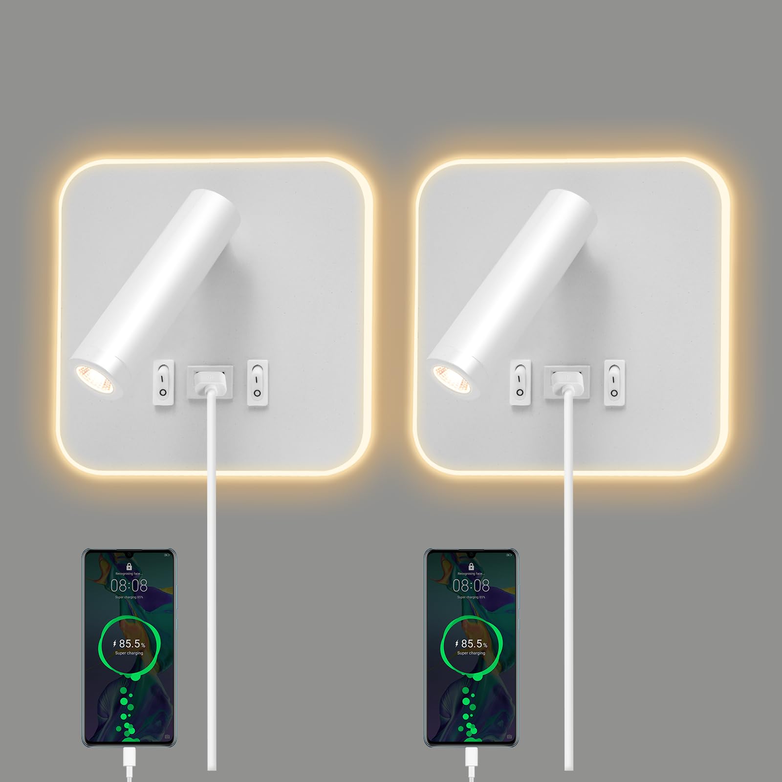 QCXWCJWD Lámpara de Pared LED, Lámpara de Lectura de Cabecera, Luz de Pared de Cabecera Ajustable, Luces de Pared con Puerto de Carga USB, Aplique de Pared de Pasillo (Luz Cálida 3w + 9w) 3