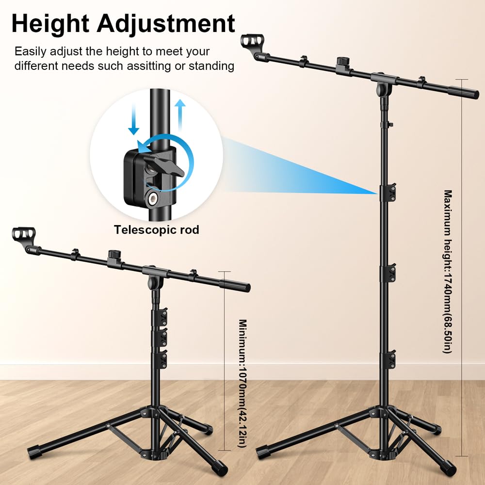 Support de micro, trépied avec perche réglable en hauteur, robuste avec sac de transport, 2 clips de micro de 0,95 cm à 1,6 cm, adaptateur pour baladodiffusion chantante pour Blue Yeti Shure