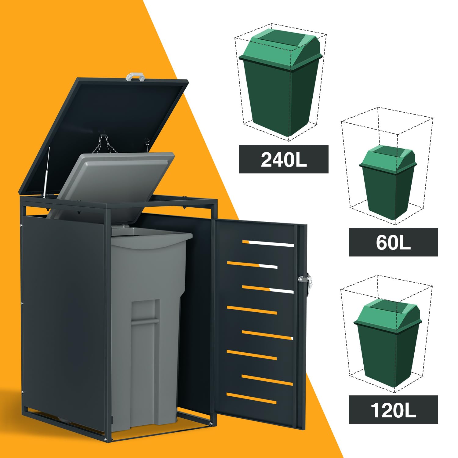 Lot de 2 cache-poubelles en métal pour poubelles de 120 l/240 l, résistant aux intempéries, verrouillable, avec vérins à gaz et chaînes de couvercle, anthracite
