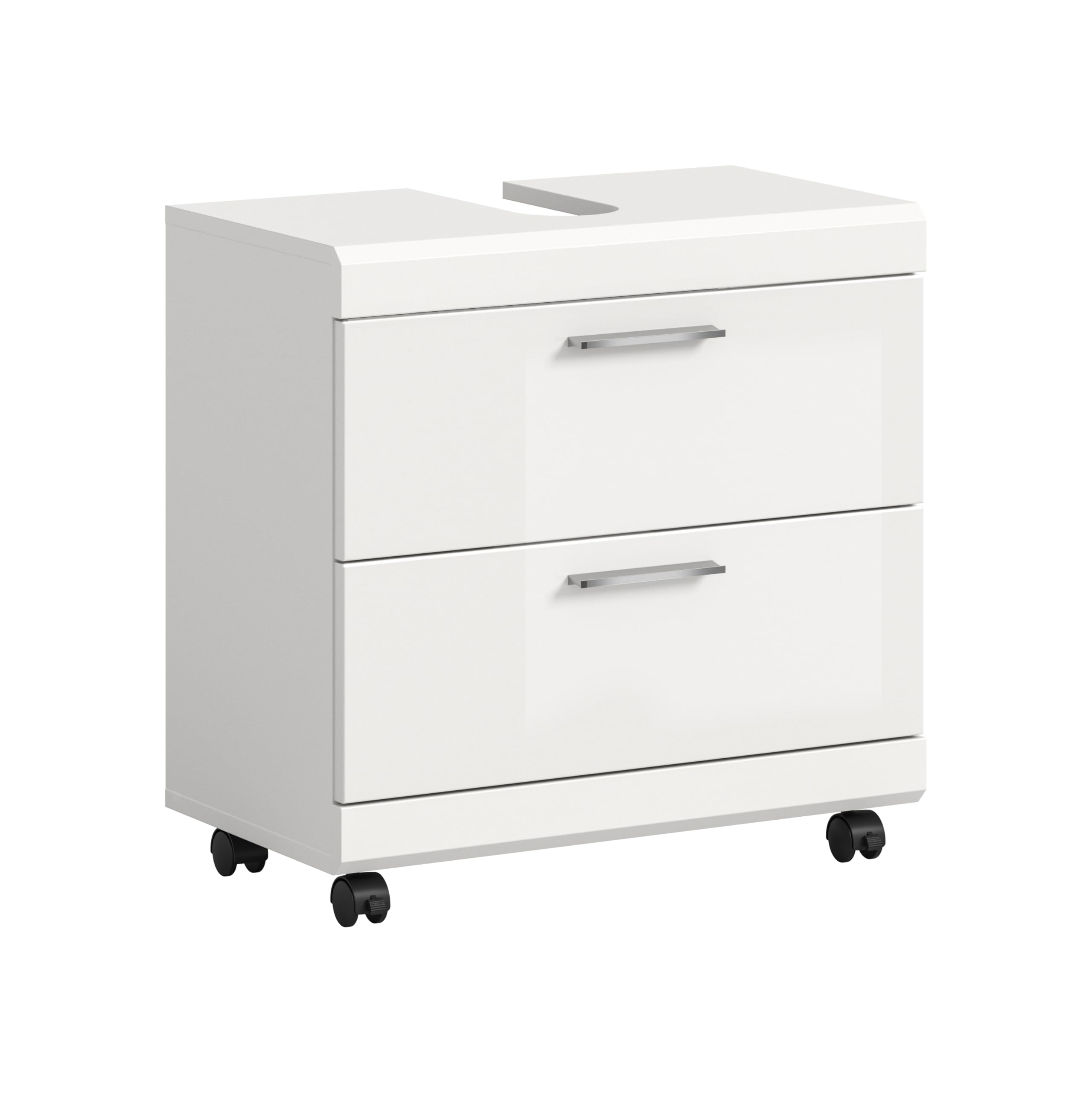 xonox.home – Waschbeckenunterschrank Scout 60x60x34 cm in Weiß Hochglanz – Mobiler Badschrank auf Rollen mit Feststeller – Moderner Unterschrank für eine Elegante & Flexible Badaufbewahrung