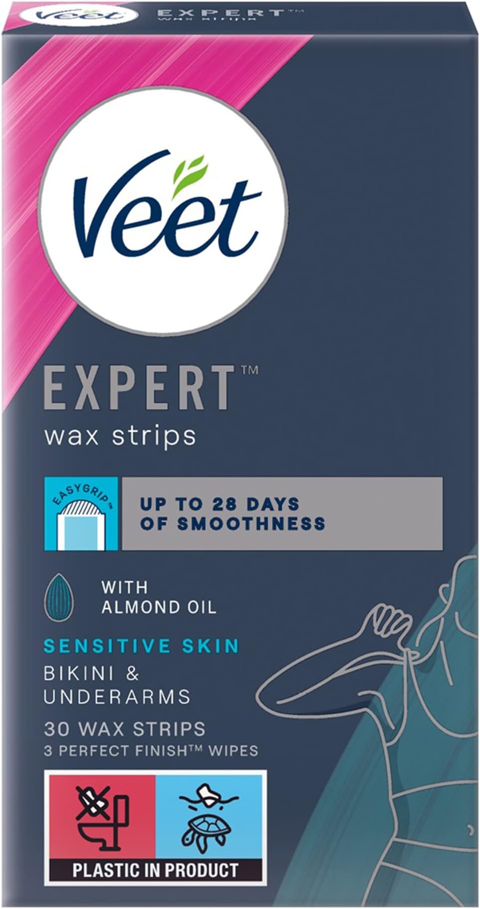 Expert Bikini and Underarm Wax Strips, 30 Count with 3 Finish Wipes, Brazilian & Sensitive Hair Removal, Almond Oil, Dermatologically Tested, Nose Kit for Men