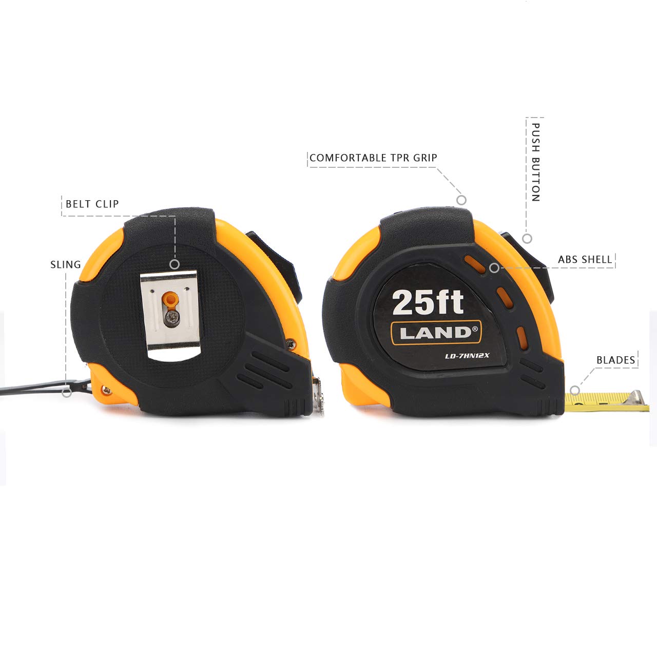 LAND 25Ft Retractable Measuring Tape - Self-Lock Heavy Duty Tape Measure, Magnetic Hook for Measurement Alone, TPR Rubber Protective Case (25FT AUTO)