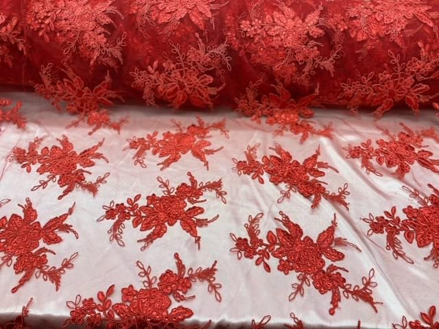 Valentina Textile Inc Sequin lace Fabric with embroderies on mesh VT-17(1 Yard, Red)
