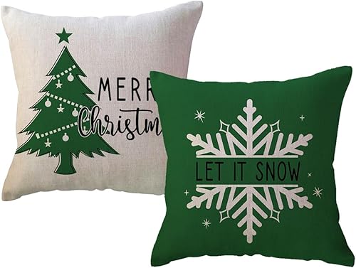 Miniatura 1 de ULOVE LOVE YOURSELF Juego de 2 fundas de almohada verdes con texto en inglés "Merry Christmas" para árbol de Navidad, decoración navideña de 18 x 18