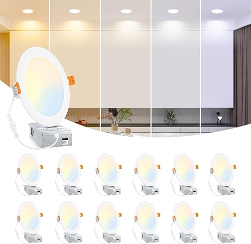 BesLowe Paquete de 12 luces LED empotrables de techo 5CCT de 6 pulgadas ultrafinas con caja de conexiones, 12 W 150 W Eqv, 3000 K3500 K4000 K5000