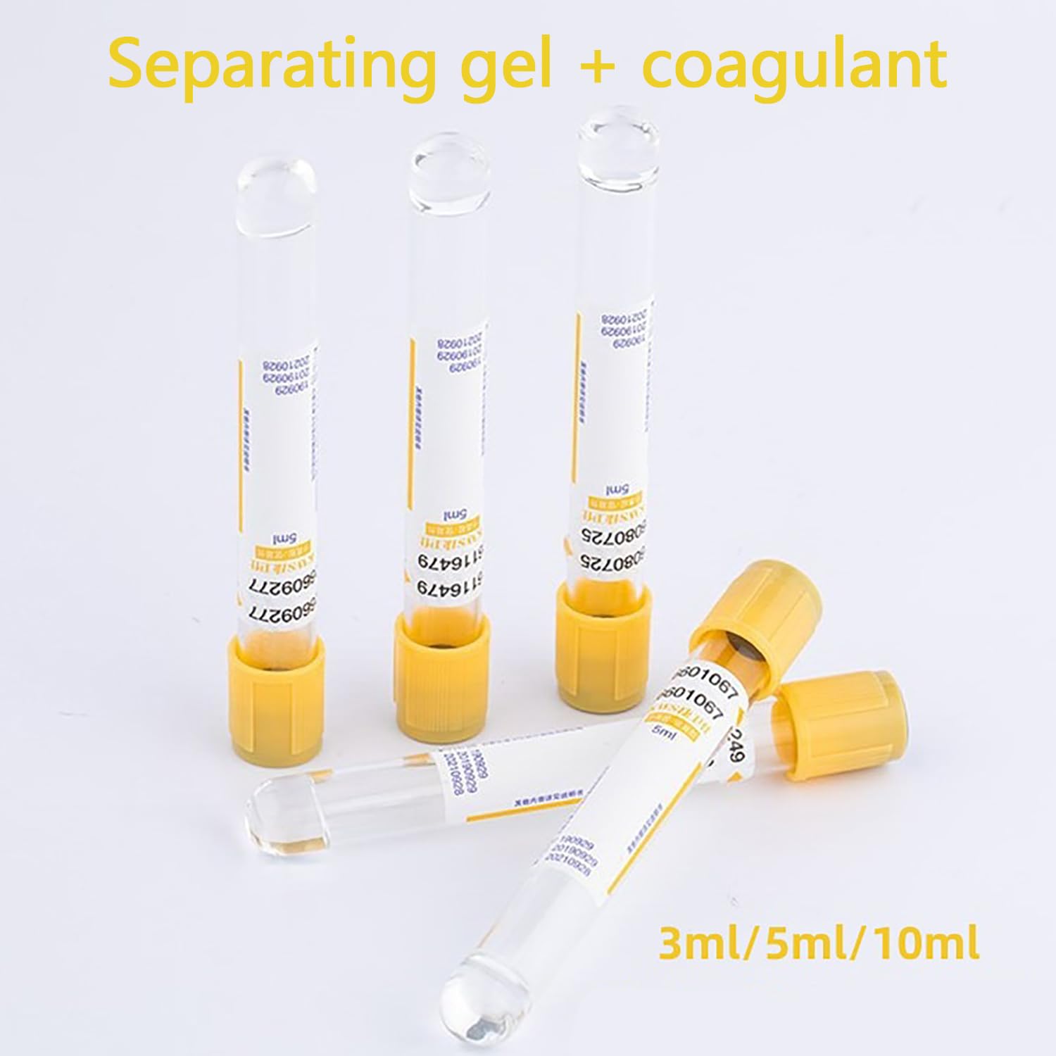 Szklane probówki próżniowe do pobierania krwi, pojemność 3 ml/5 ml/10 ml, żółty żel oddzielający i koagulant, idealne do pobierania próbek laboratoryjnych, opakowanie 100 szt