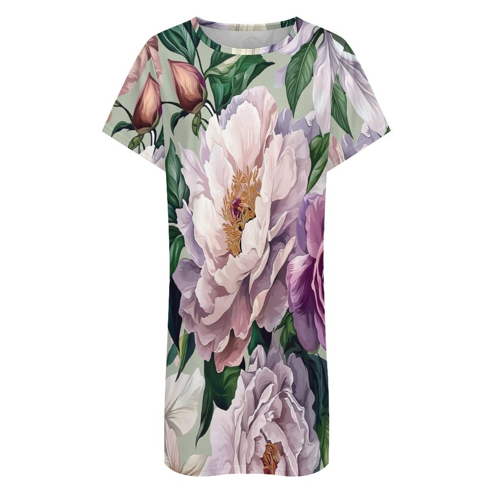 Camisones De Mujer - Peonía Púrpura Camisón De Manga Corta para Estar En Casa Tallas S-3Xl Holgado Largo Suave para El Verano.