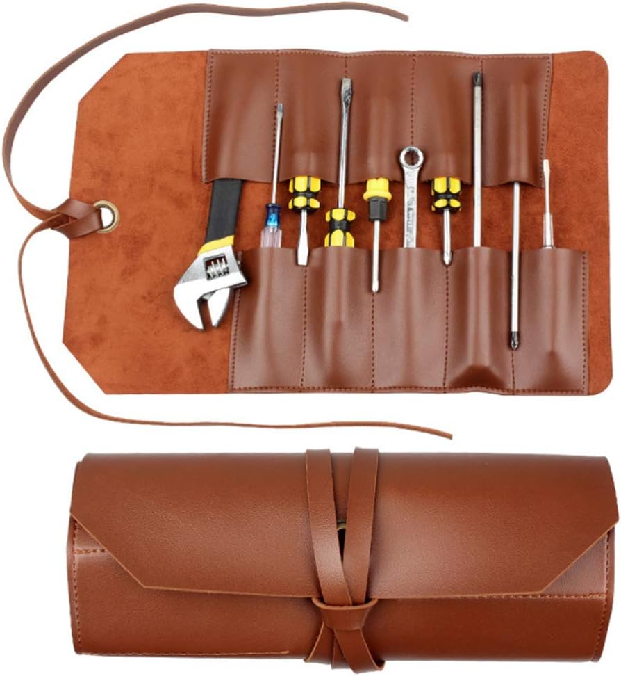 DOITOOL Gadgets Tool Bags Leather Roll Up Bag Vintage Woodworking Pouch Wrench Roll Chisel Bag 10 Slots Craft Organizer for Mechanic Carpenter Brown Makeup Canvas