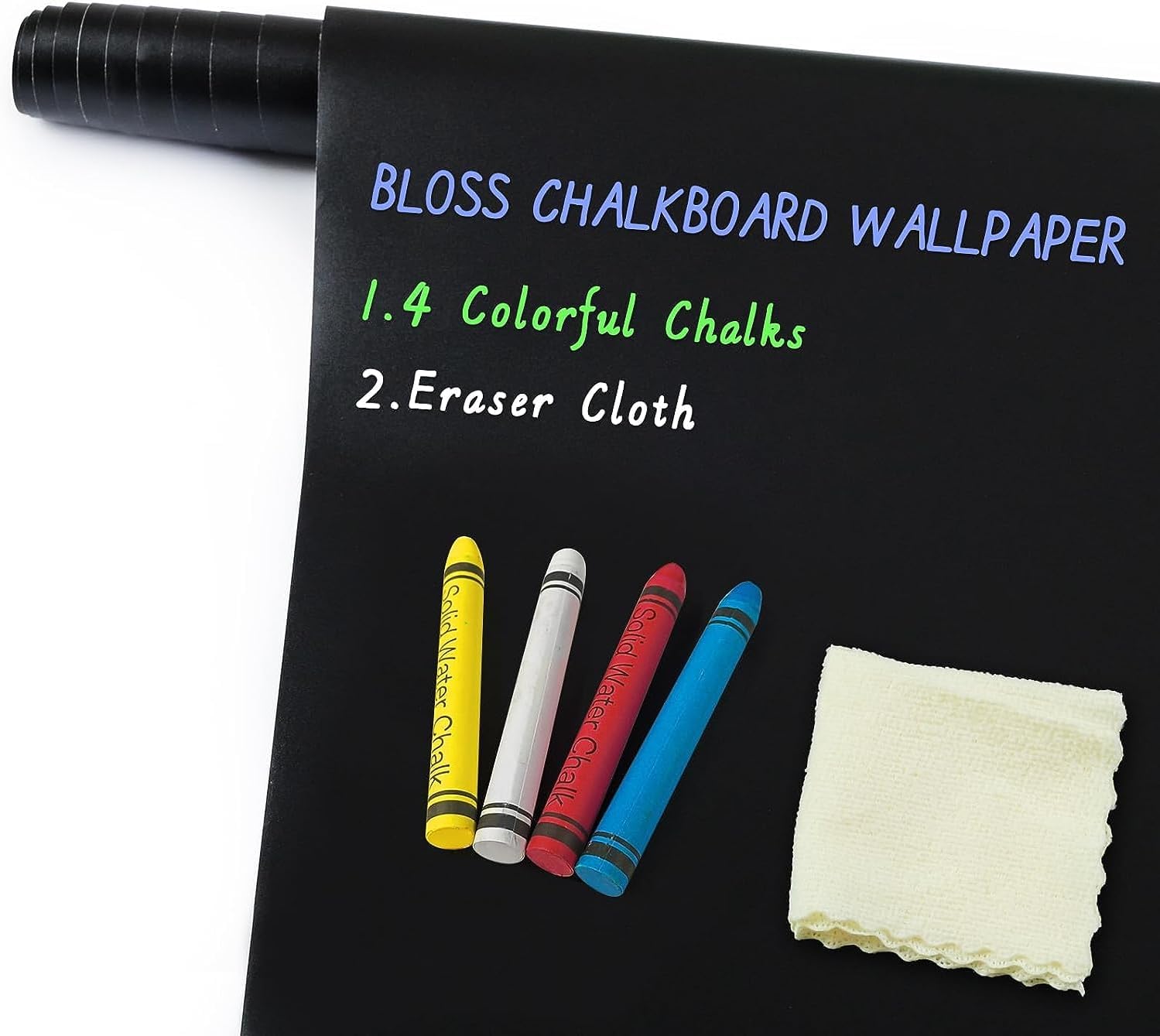 Bloss 35.4×78.7 Inch Dry Erase Board with 4 Colorful Chalks, Peel and Stick Blackboard Wall Sticker, Removable Paint Blackboard Stickers, Self Adhesive Black Chalkboard for Kids, Students