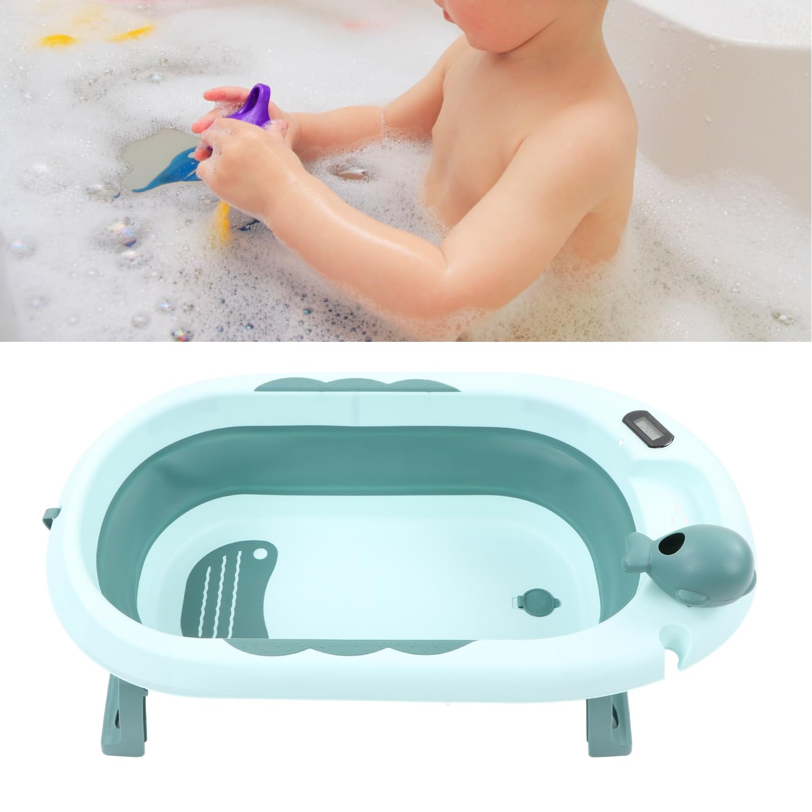 Fockety Zusammenklappbare Babybadewanne, Babybadewanne mit Thermometer, Tragbare Reisebadewanne mit Abflussloch, Babybadewanne für Neugeborene Bis Kleinkinder (Hellgrün)