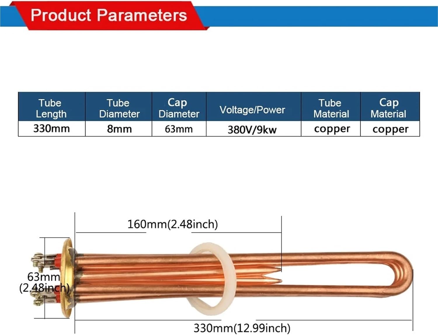 1PCS 63mm Cap 380v 9000w Brass 3U Electric Water Heater Element Tube Parts With 2 Temperature Control Hole Tube