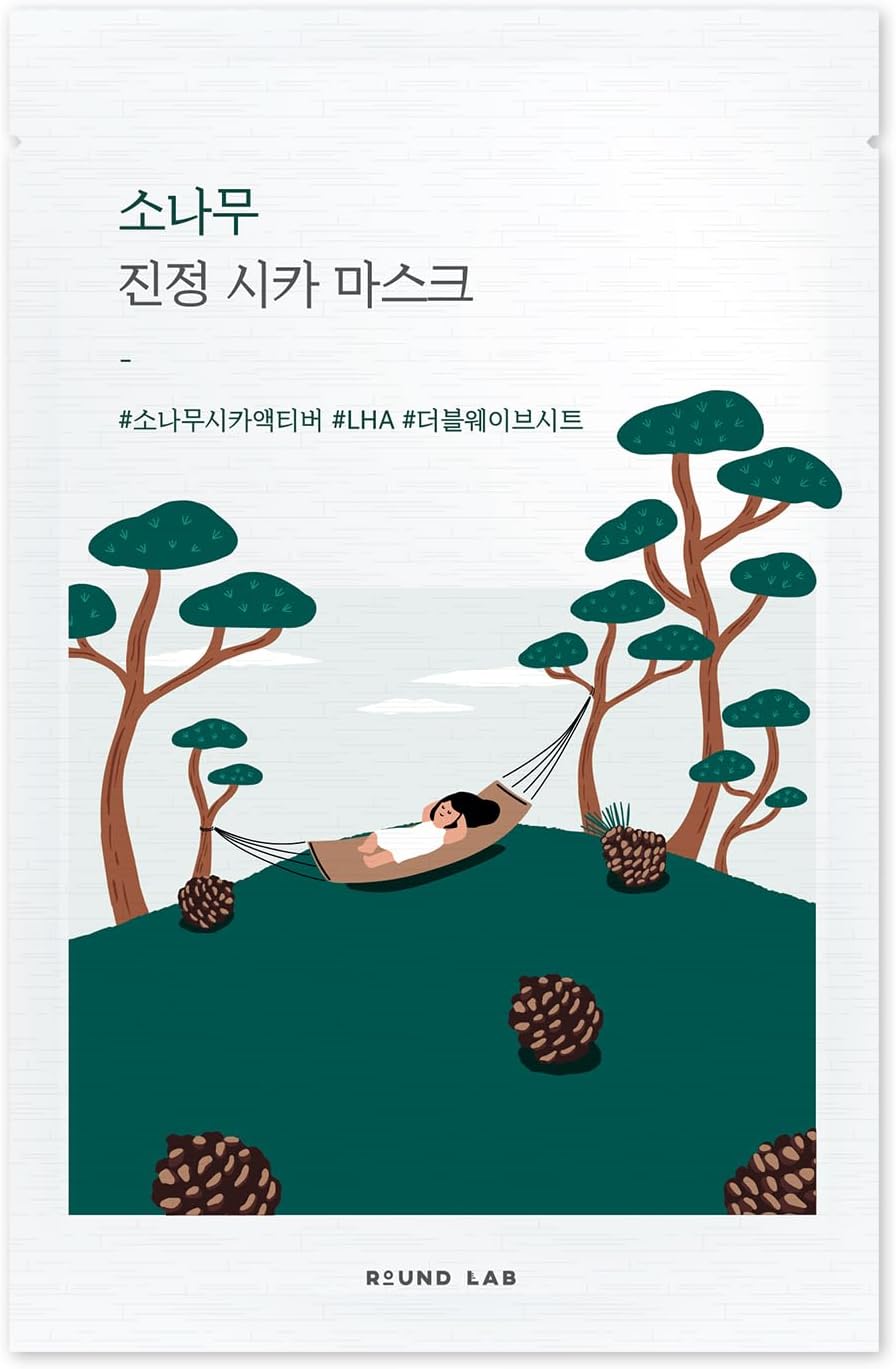 ROUND LAB Pine Calming Cica Sheet Mask 10ea, Cooling and Soothing Mask for Heated, Acne-Prone Skin, Double-Waved Air Hole Design for Extra Hydration with Pine Cica and Hyaluronic Acid, Korean Skincare