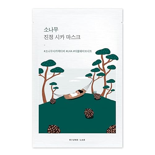 ROUND LAB Pine Calming Cica Sheet Mask 10ea, mascarilla refrescante y calmante para piel calentada y propensa al acné, diseño de orificio de aire de