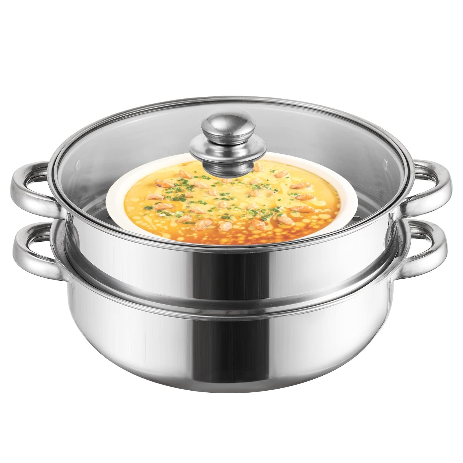 THEGA Dampfgarer Zum Kochen - Dampfgartopf Mit Dampfeinsatz, 2-stöckiges Stapel- Und Dampftopf-Set Mit Glasdeckel, Dampfgarer Aus Edelstahl Mit Doppelgriff, Für Alle Herdarten(32cm)