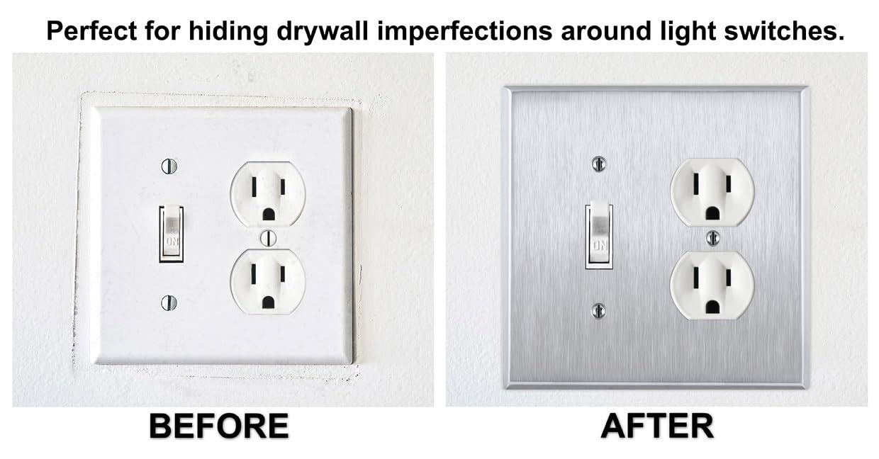 Placa de pared de acero inoxidable combinada de 2 bandas de gran tamaño, (1) toma de receptáculo dúplex con (1) cubierta de placa de interruptor de luz de metal con combinación de palanca, acabado