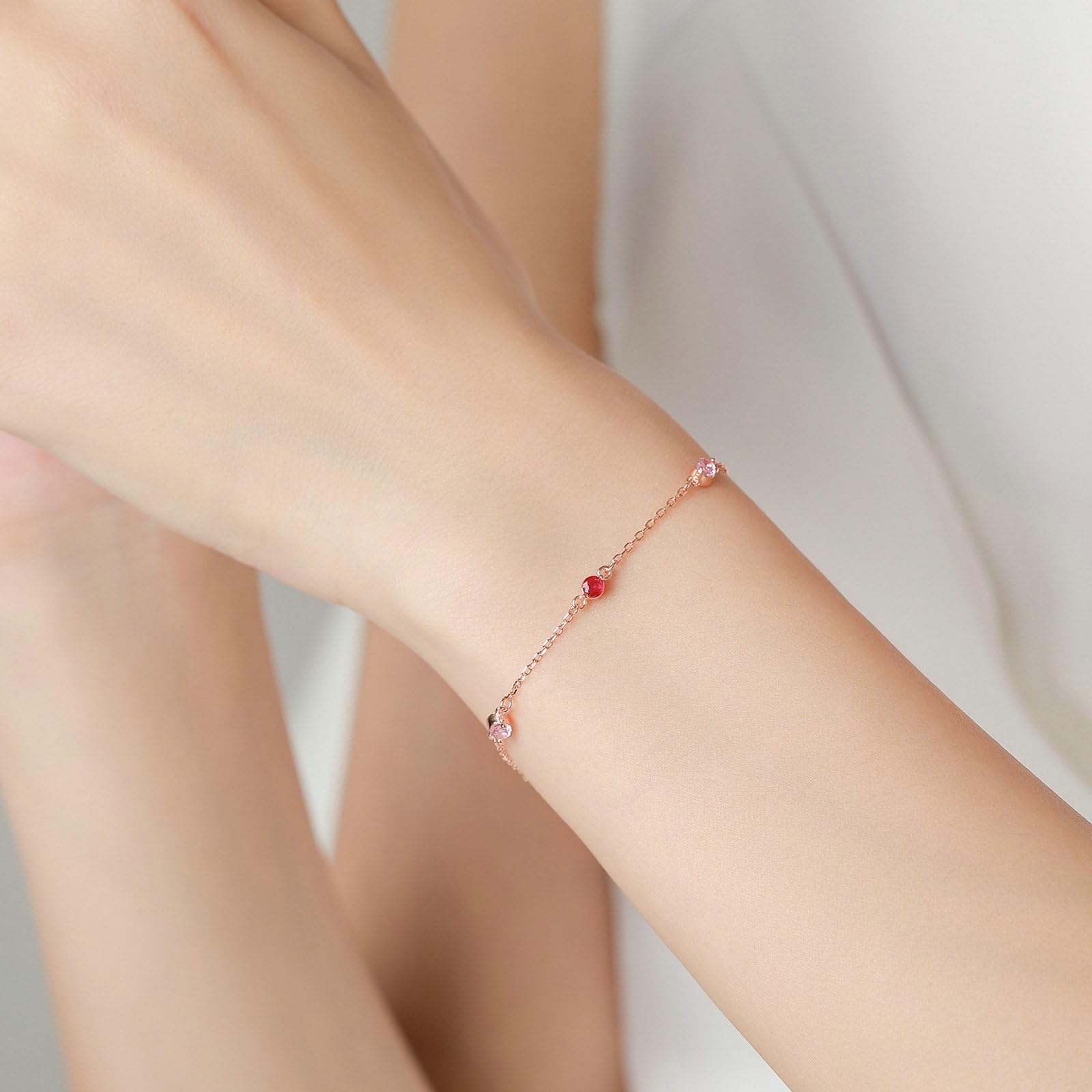 Delicadas pulseras para mujer con zafiro rosa creado y rubí creado, elegantes pulseras de 18 quilates para mujer