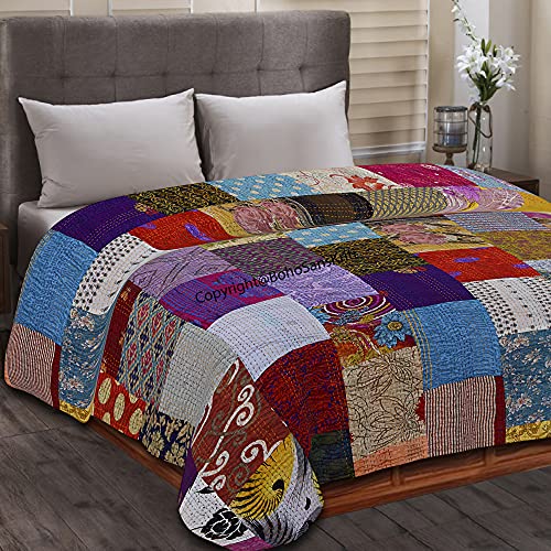 Indian Silk Patchwork Kantha Quilts Queen Twin Size Patola Bedspread Throws Bedding Comforter Hand Quilted Blankets Premium Bohemian Bed Cover For Sale- Mix Multi Color Shades #TOP5