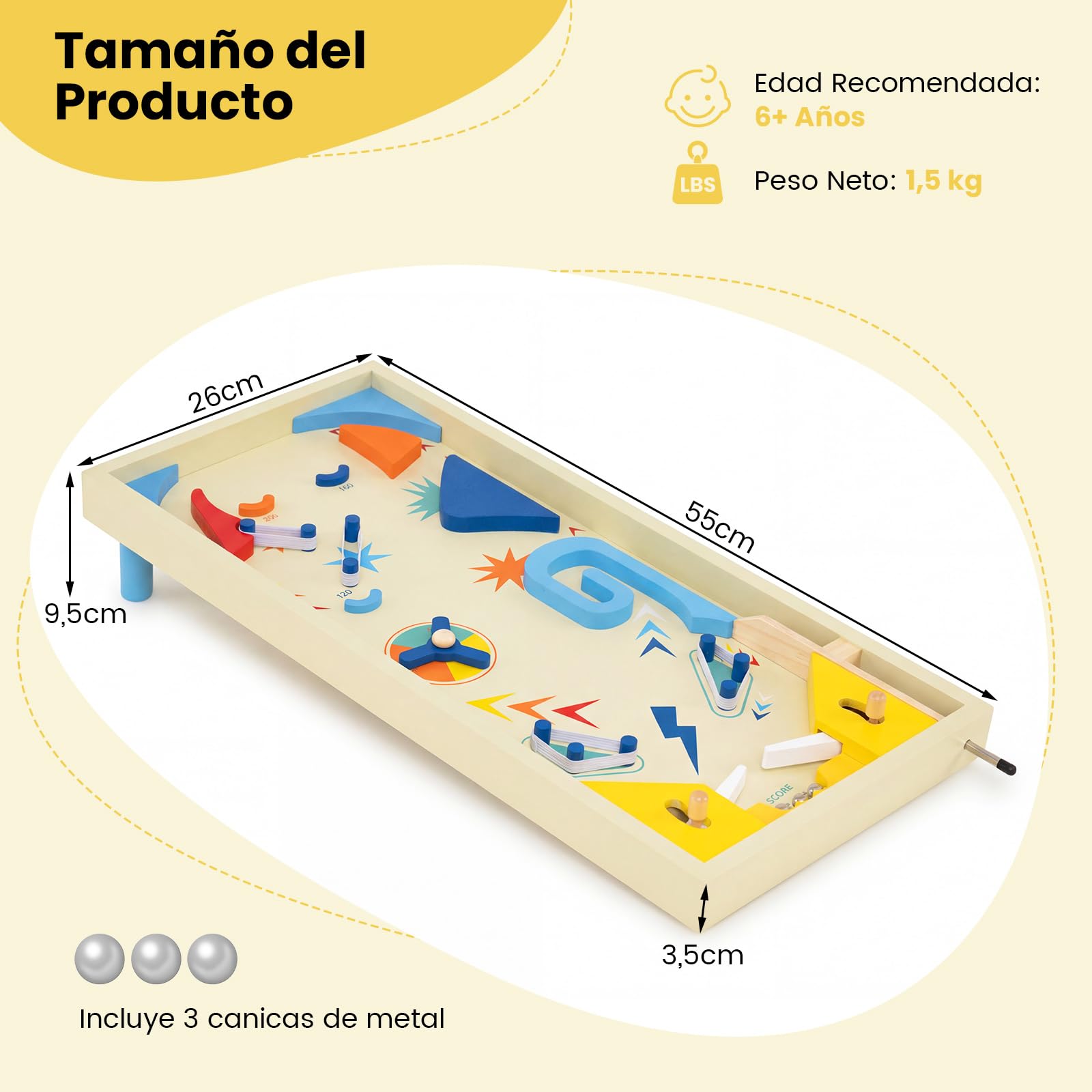 COSTWAY Máquina de Pinball de Madera, Juego de Mesa con Pista Giratoria y Puntuación con 3 Bolas para Niños de 6+ Años y Adultos, Juguete de Pinball de Canicas para Oficina o Fiestas Familiares