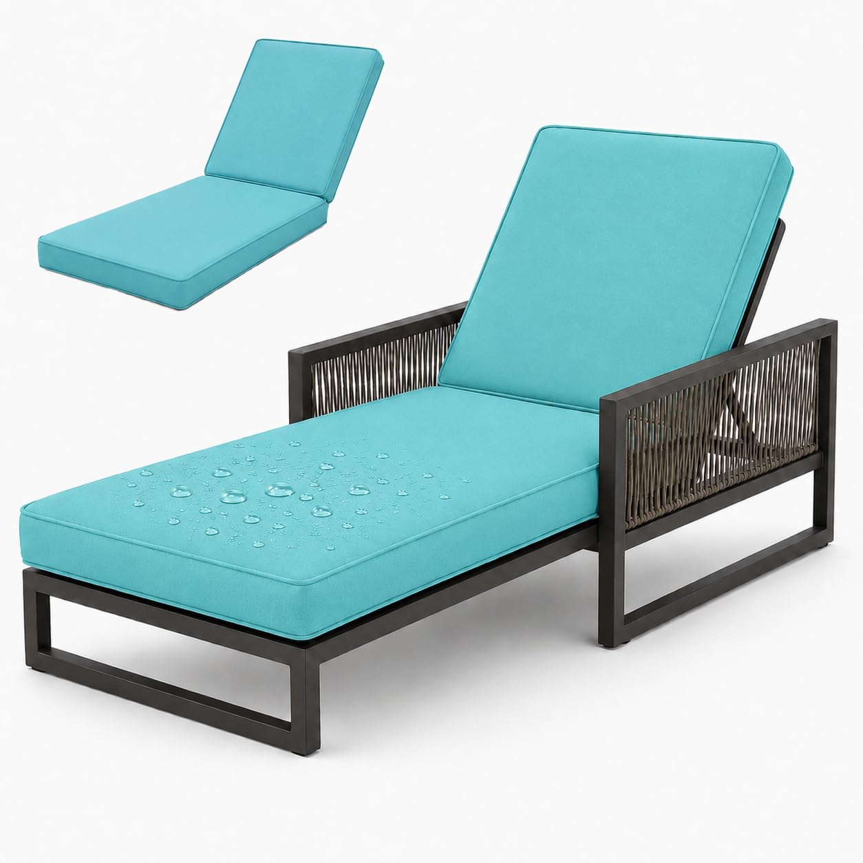 AZMAHT Sunlounger Cushions Only, Waterproof Thick Padded Sun Lounger Cushion for Garden Rattan Chairs, 50D Foam Recliner Replacement Pad with 6 Ties & Piping,Sky Blue,203x66x6cm