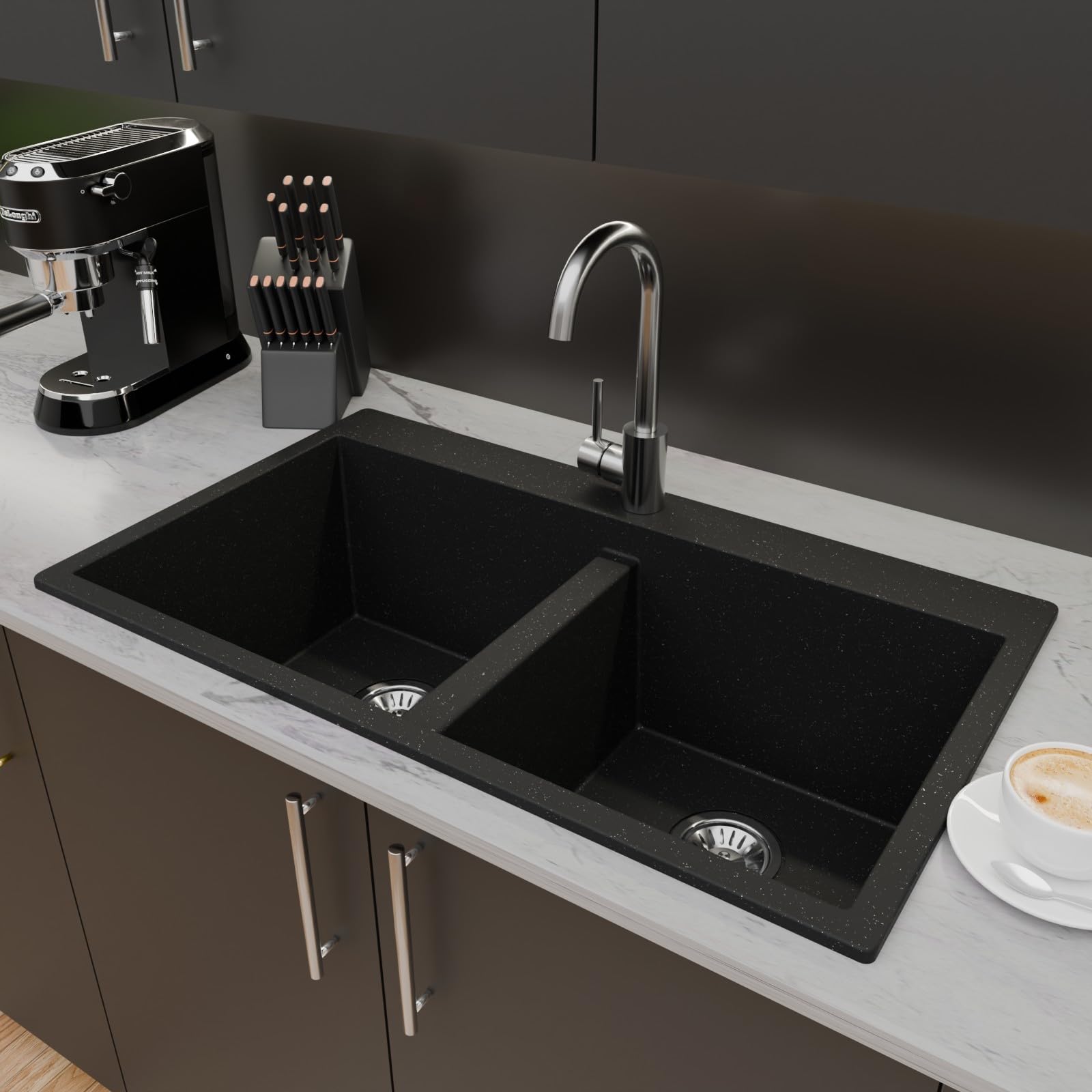 Lavello Elle 2.0 Évier de cuisine en granit double évier encastrable avec siphon Noir graphite