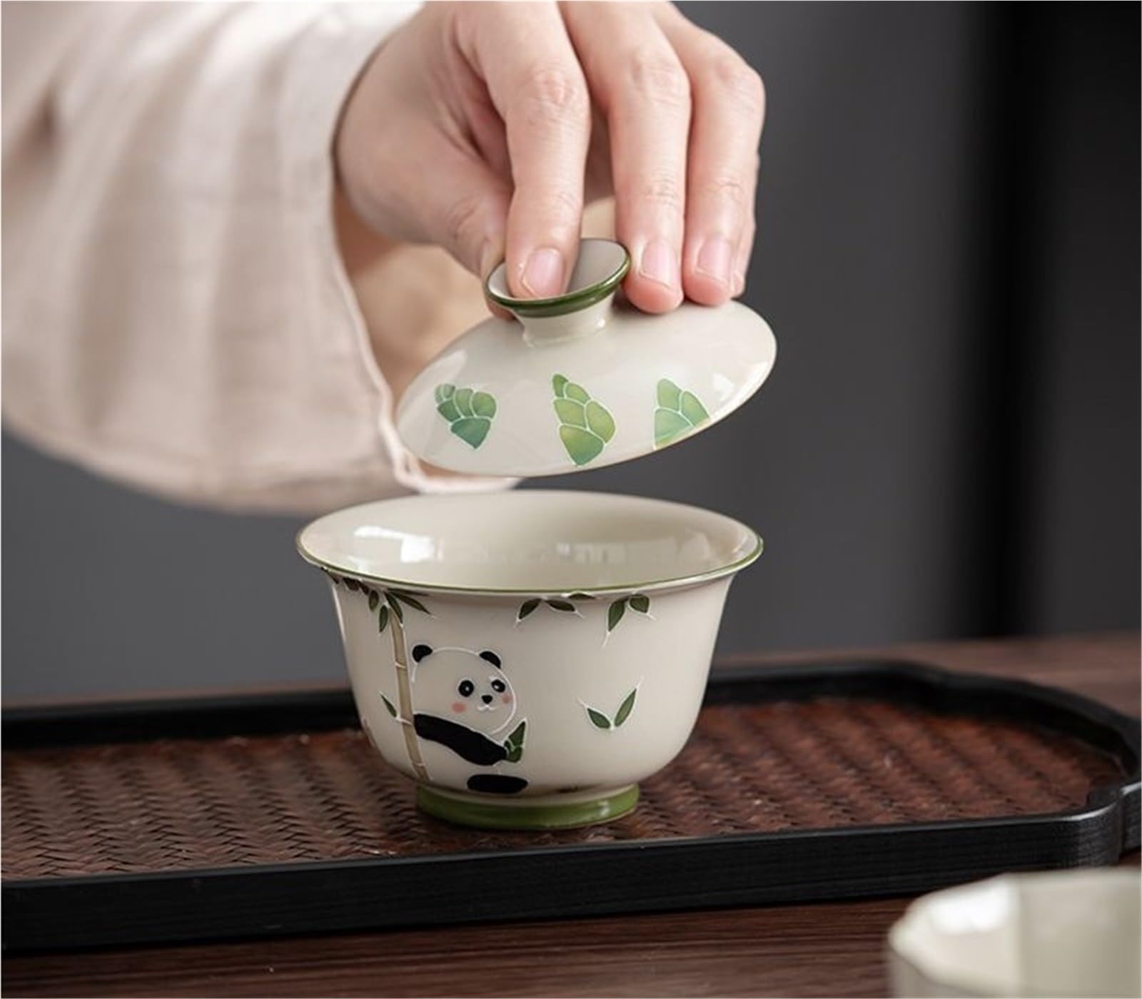 136 ml roślina popiół pokrywa miska ręcznie malowana ulga urocza panda herbata Tureen starożytny Gaiwan zaparzacz do herbaty kawiarnie kolekcja Teaware