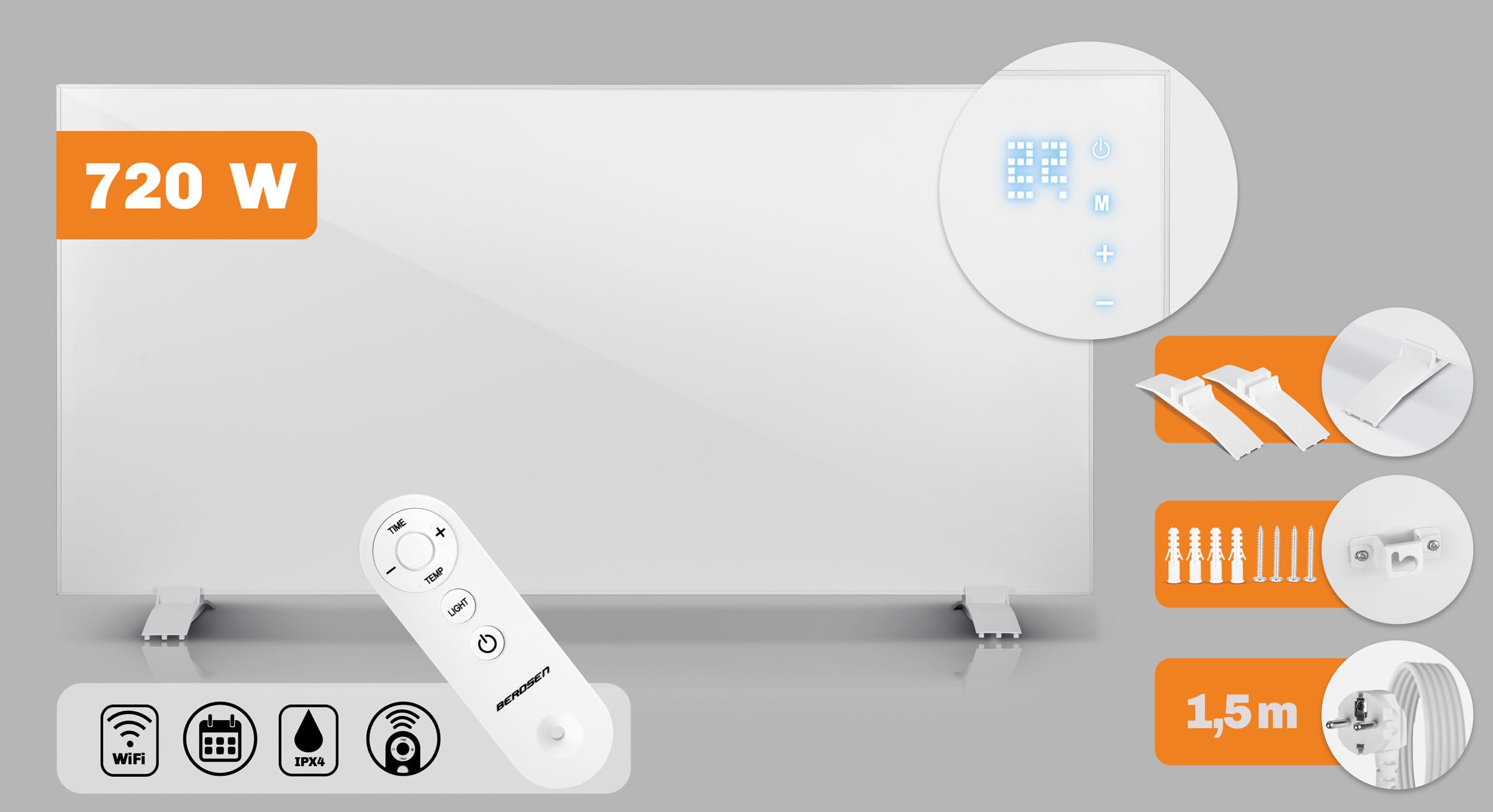 Berdsen Grzejnik na Podczerwień - Panel Grzewczy - 720 W - Szybkie Nagrzewanie - Panel Dotykowy - Pilot WiFi Aplikacja - Timer 1-9 h
