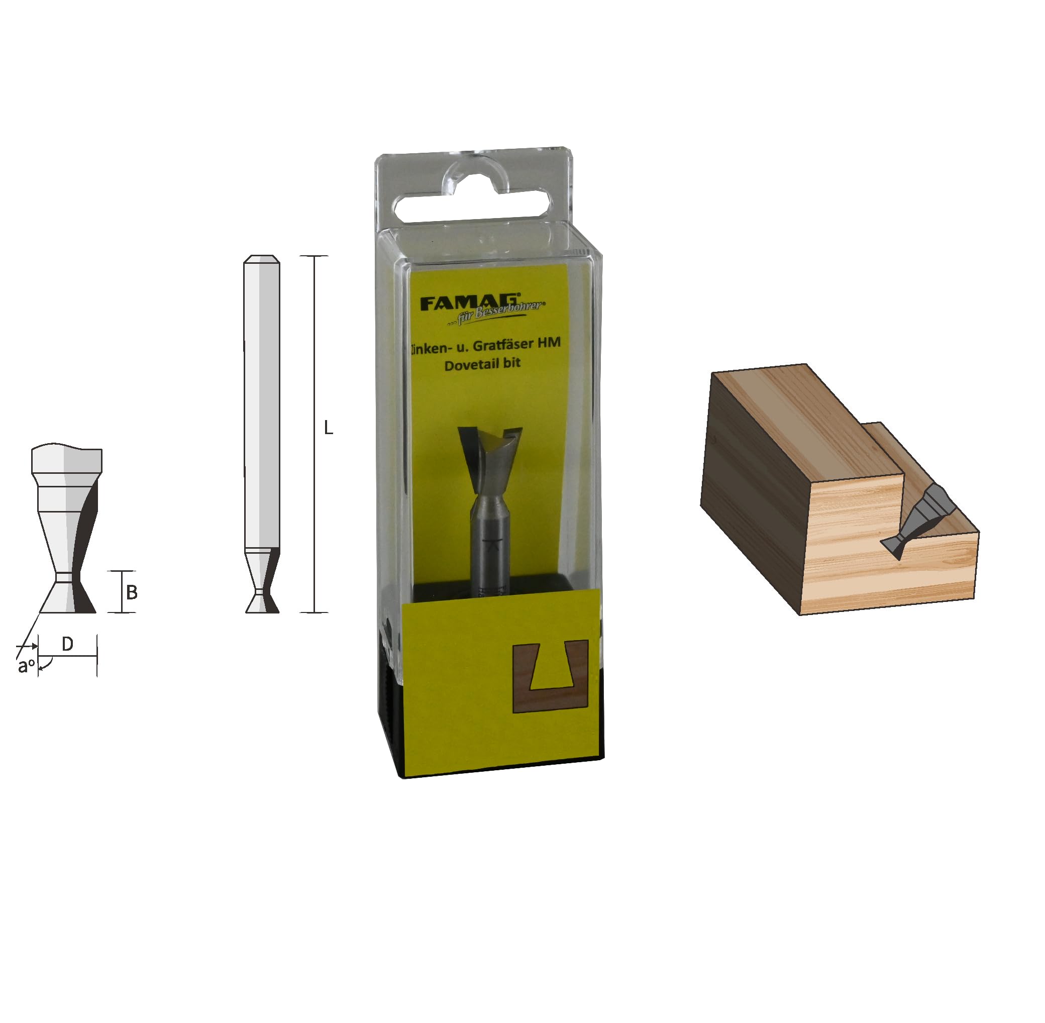 FAMAG Zinken- und Gratfräser HM 12,7 x 12,7 x 44,5mm, 14° Winkel, Schaft 8mm - 3104.812