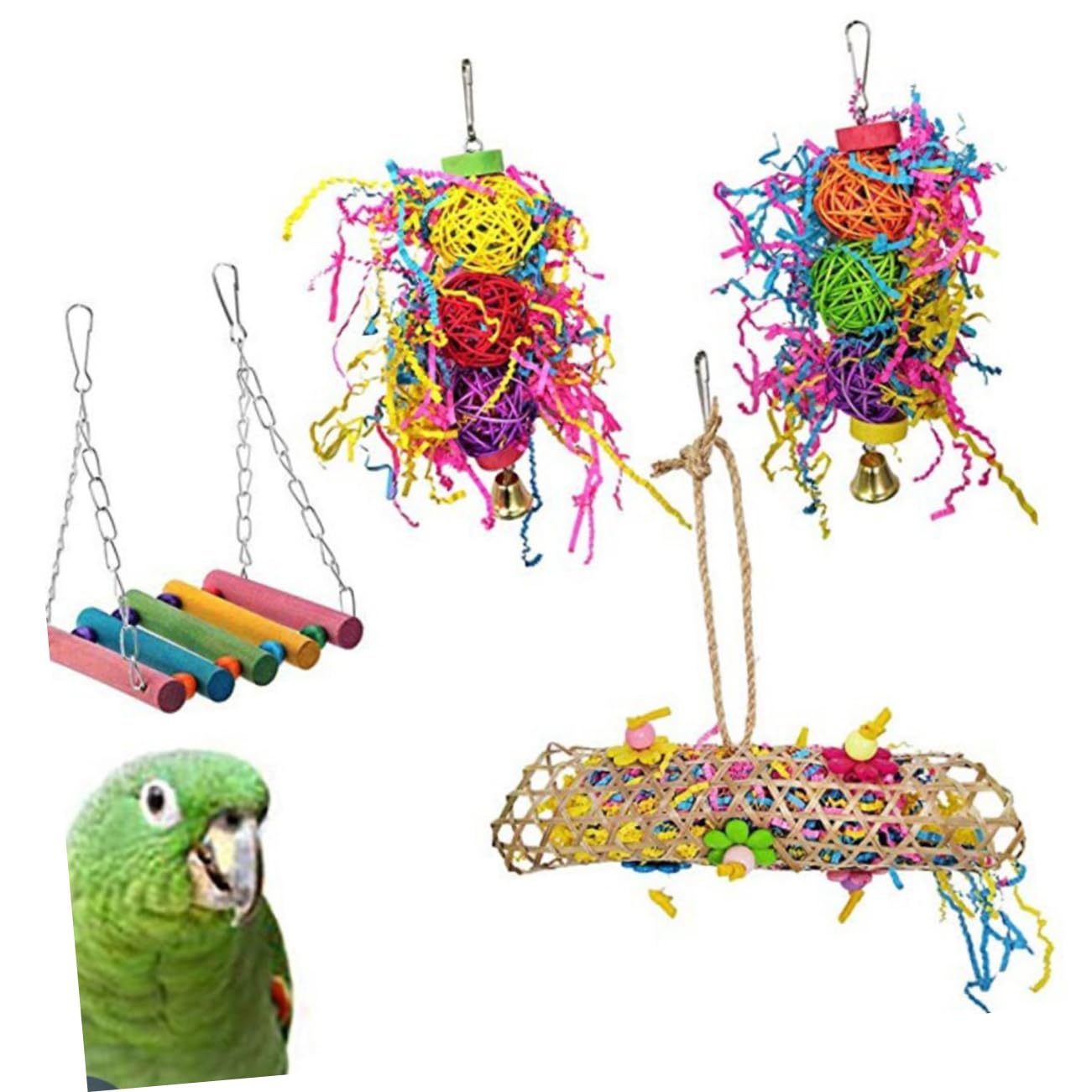Yardwe Lot de 2 Jouets Suspendus pour Oiseaux Balançoire pour Perroquet Jouet à Mâcher pour Calopsittes Et Petits Oiseaux 4 Pièces