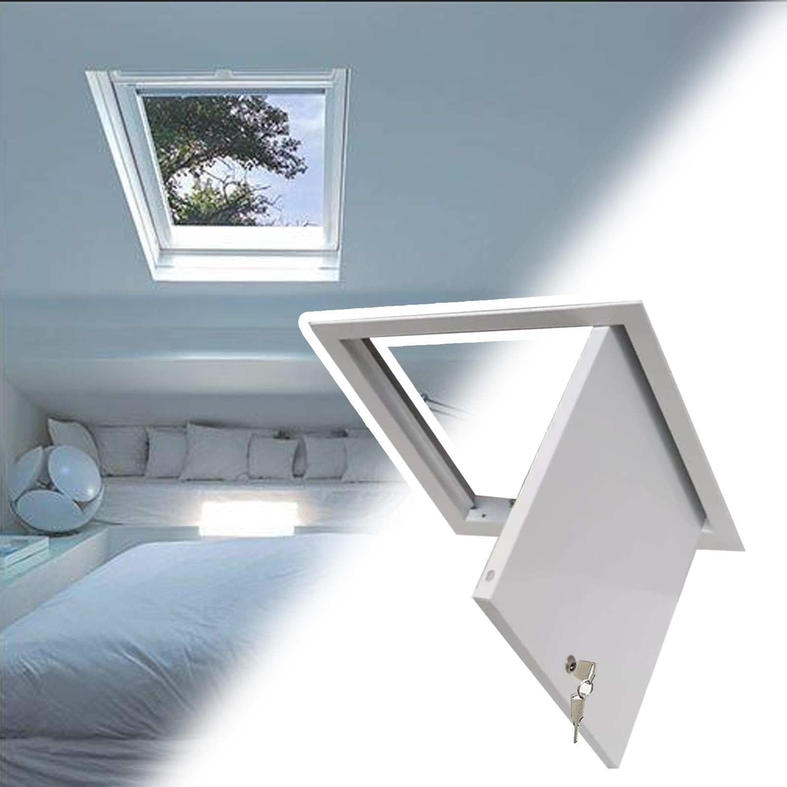 F-montierte Dachbodenluke mit Schlüssel und Schloss, 30,5 x 61 cm, Dachboden-Inspektionstür für Elektro- und Sanitärinstallationen, universelle Dachlochabdeckung und Sicherung