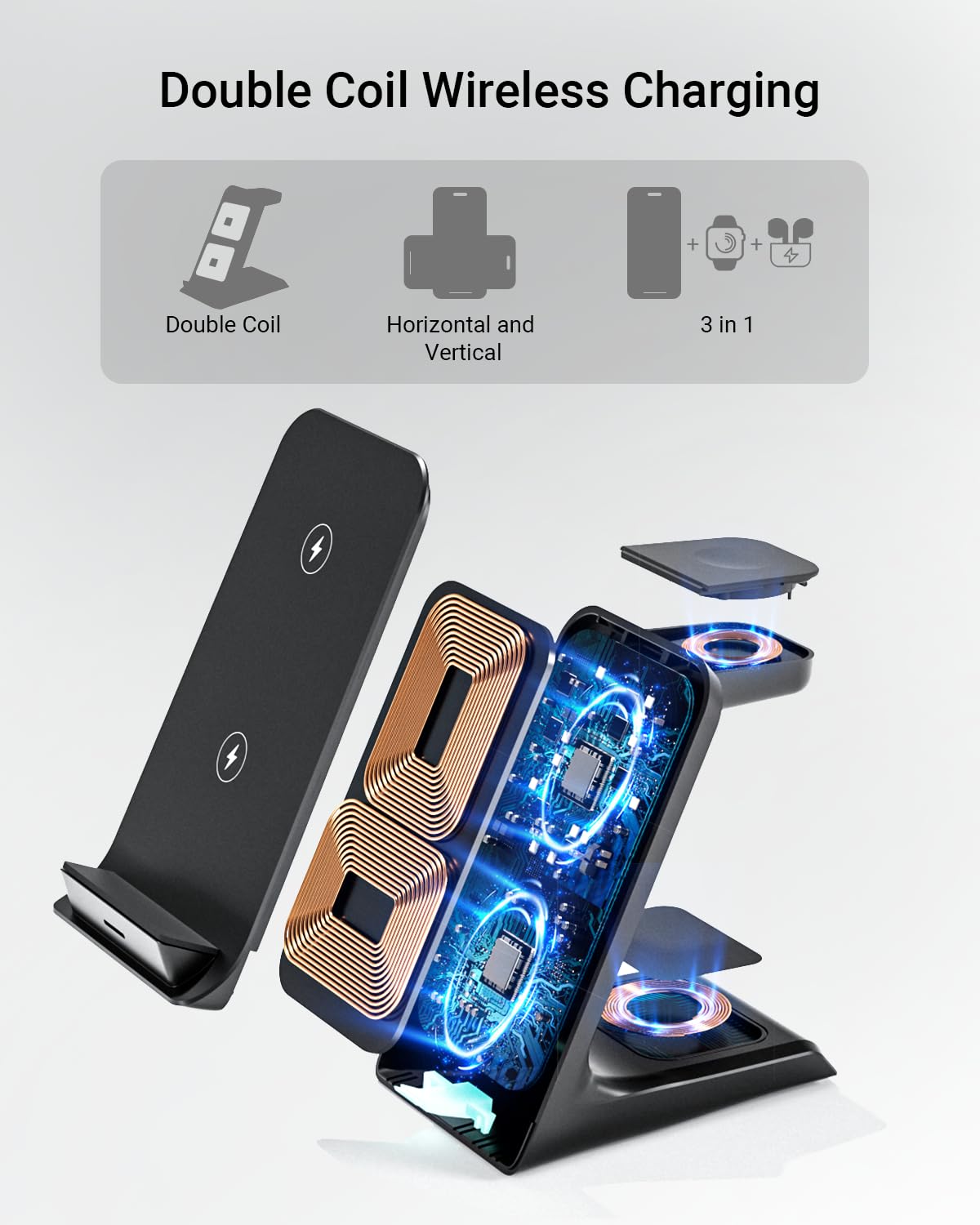 Wireless Charger for Thick Cases of 10MM/Otterbox/Popsocket Compatible, 3 in 1 Charging Dock for iPhone 16 15 14 13 12 Pro Max, Charging Station for Multiple Devices for Apple Watch/AirPods