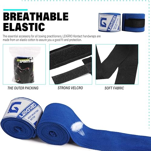 Miniatura 8 de LEKÄRO Envolturas de mano de boxeo de algodón elástico para entrenamiento Muay Thai MMA para hombres y mujeres, 160 pulgadas