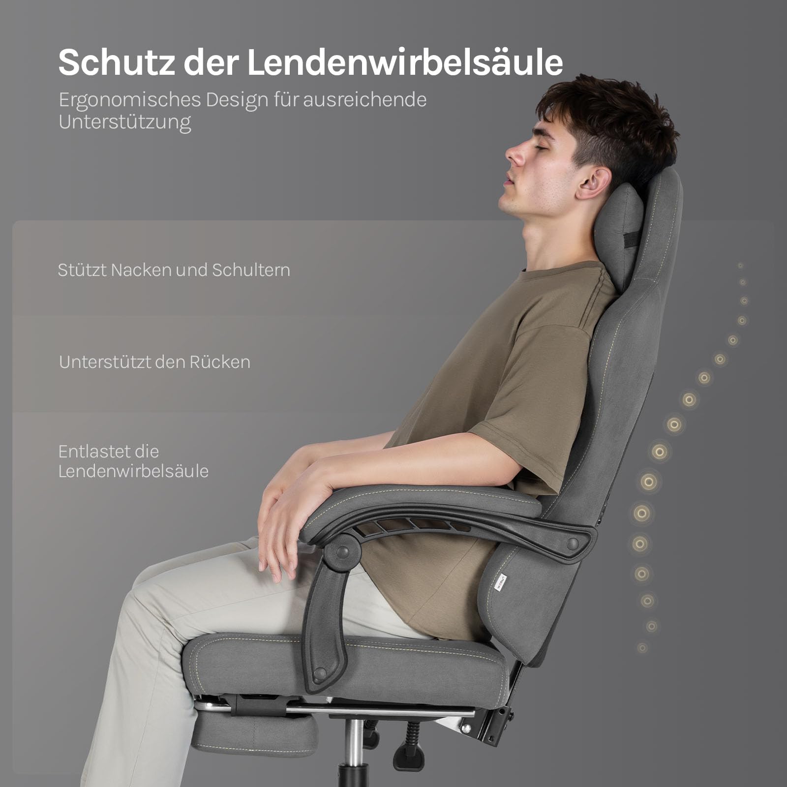 WOLTU Gaming Stuhl mit Massagefunktion, Computerstuhl Ergonomisch, Taschenfederkissen, Lendenmassage, Kopfkissen, Fußstütze, Drehstuhl, 150 kg, Tech-Stoff, Grau+Gelb