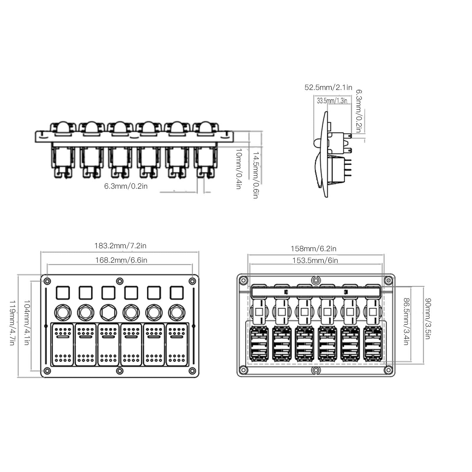 Kippschalter-Panel, 6-fach, 12 V, 24 V, mit blau beleuchteten Schaltern, IP65-zertifiziertes Wippschalter-Panel für Kraftfahrzeuge, Schiffe und LKWs