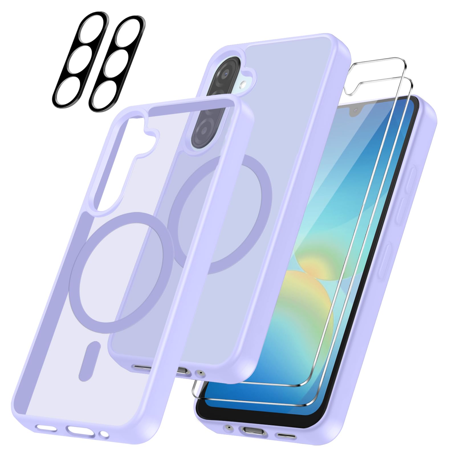 Cover per Samsung Galaxy A17 5G/4G Compatibile con 2 vetri temperati e 2 vetri per fotocamera, Translucent Matte Slim Back PC+TPU Bumper Shockproof Compatible Magnetic Cover - Viola chiaro