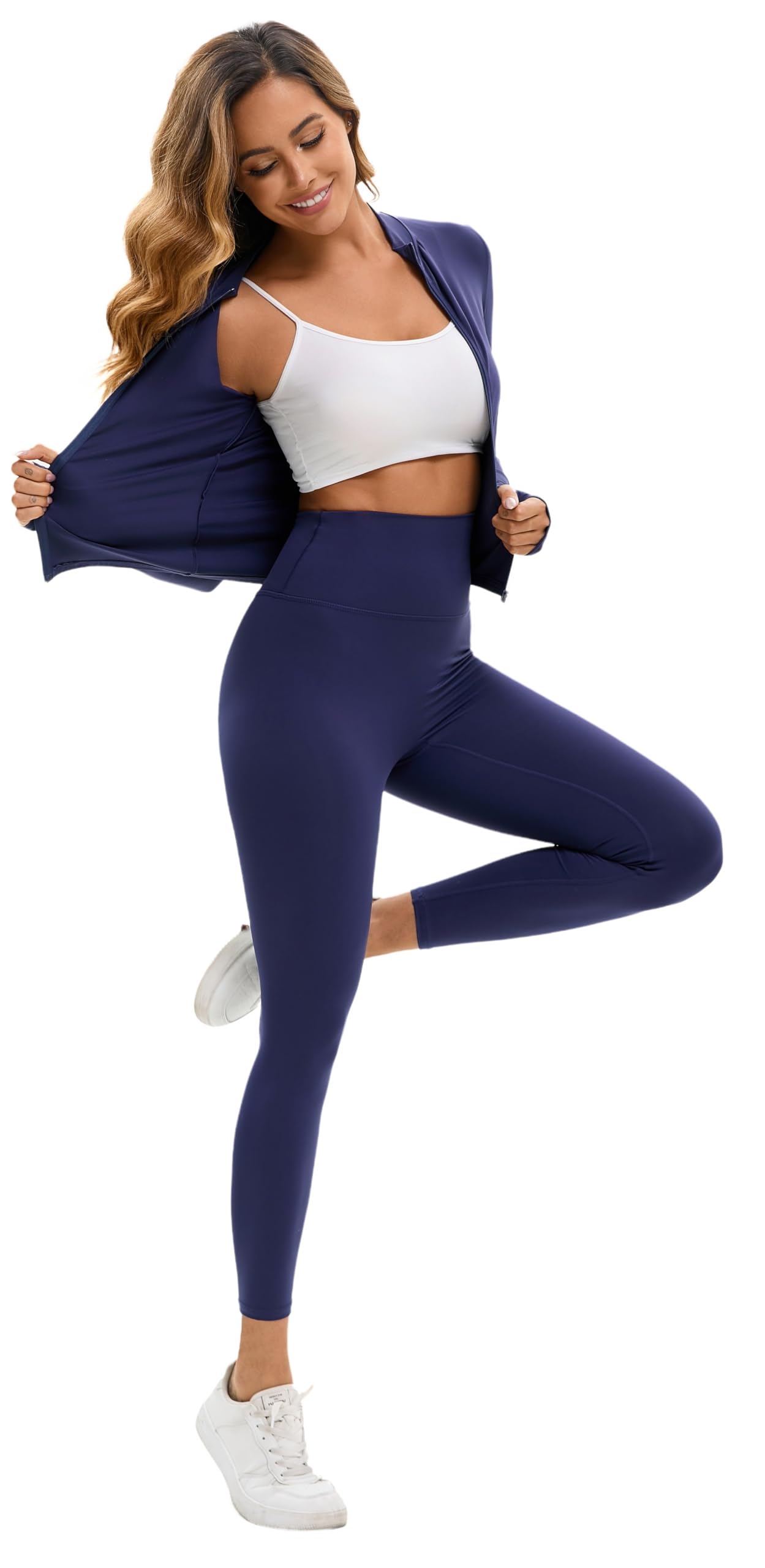 Yknktstc Womens Two Piece Tracksuit Set Long Sleeve Zipper Jacket with Athletic High Waist Leggings Workout Outfit: Large Navy Blue